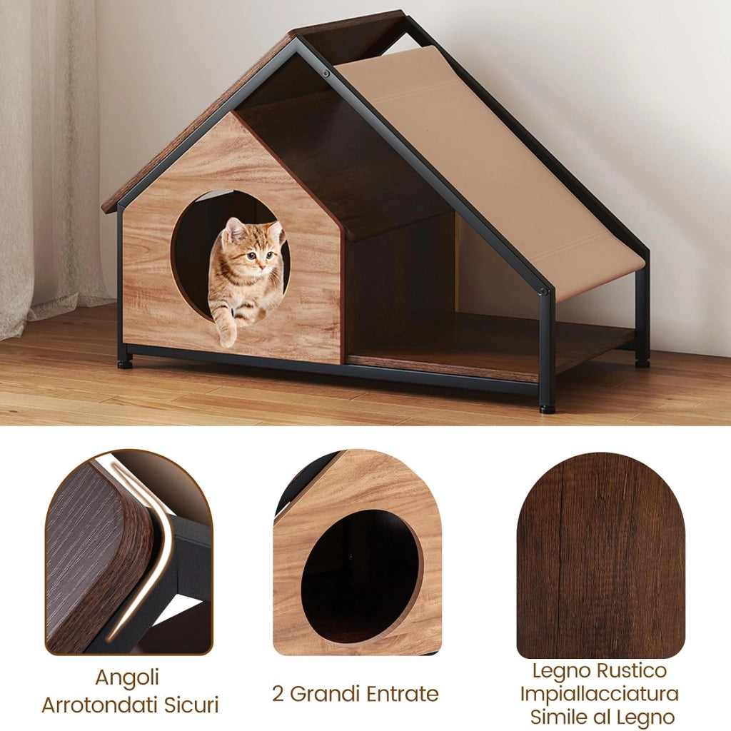 Casetta per Gatti da Interno, Cuccia per Gatti in Legno con Veranda, Tetto Inclinato Staccabile e Struttura in Metallo, Villa Industriale per Gattini, 84 x 43 x 58,5 cm
