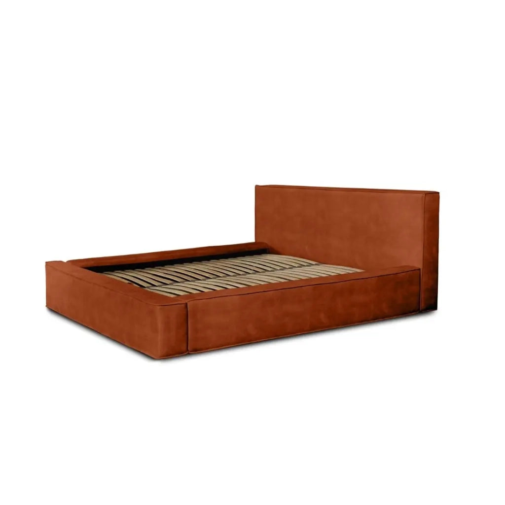 Letto contenitore VELORA – Terracotta – 180x200 cm – Tessuto velluto morbido – Rete sollevabile – Spazio di stoccaggio integrato