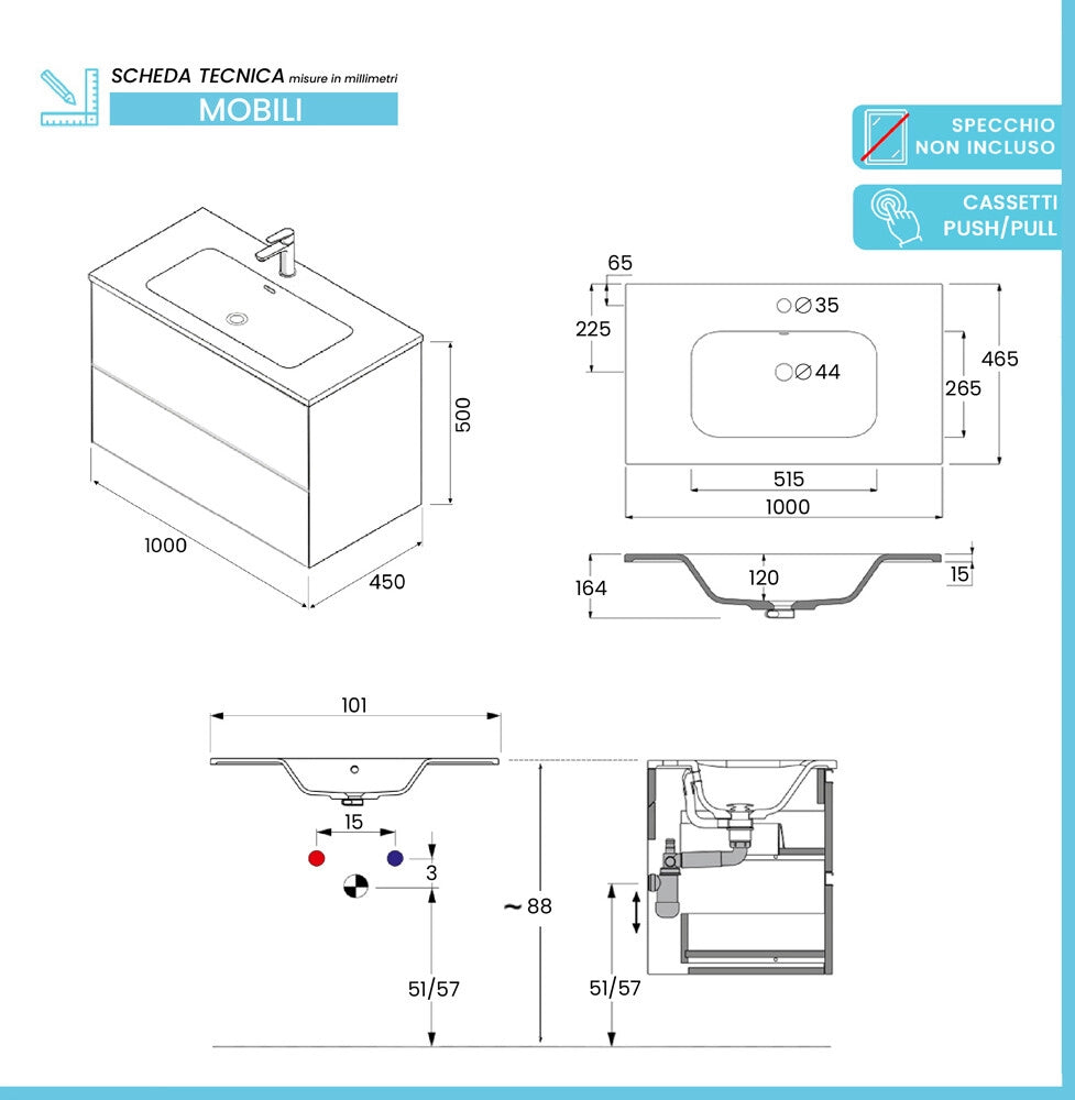 Mobile bagno sospeso 100 cm blu due cassetti push-pull e lavabo Tierra