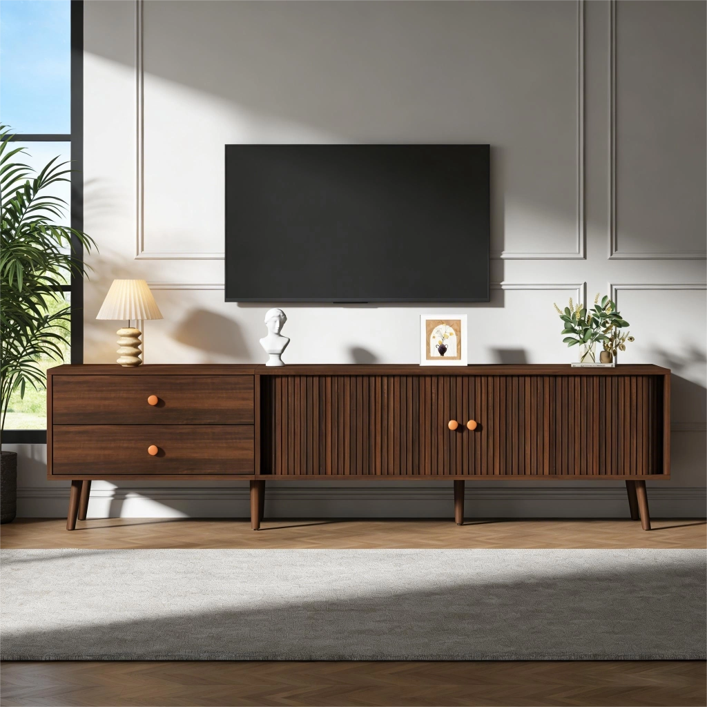 Mobile porta tv 180 cm color noce con ante a serranda e cassetti; MDF