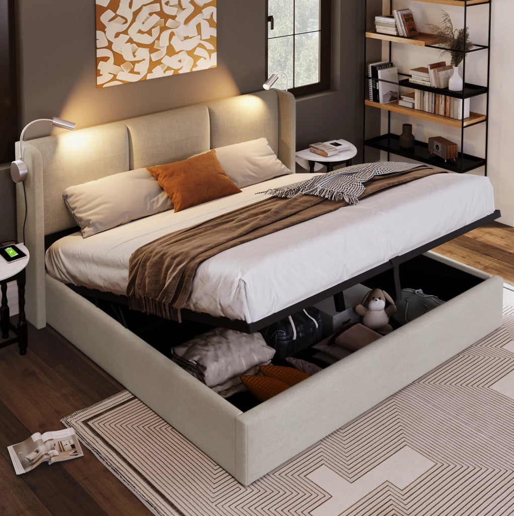 Letto matrimoniale 180x200 cm con contenitore; luce da lettura LED e USB; in lino beige