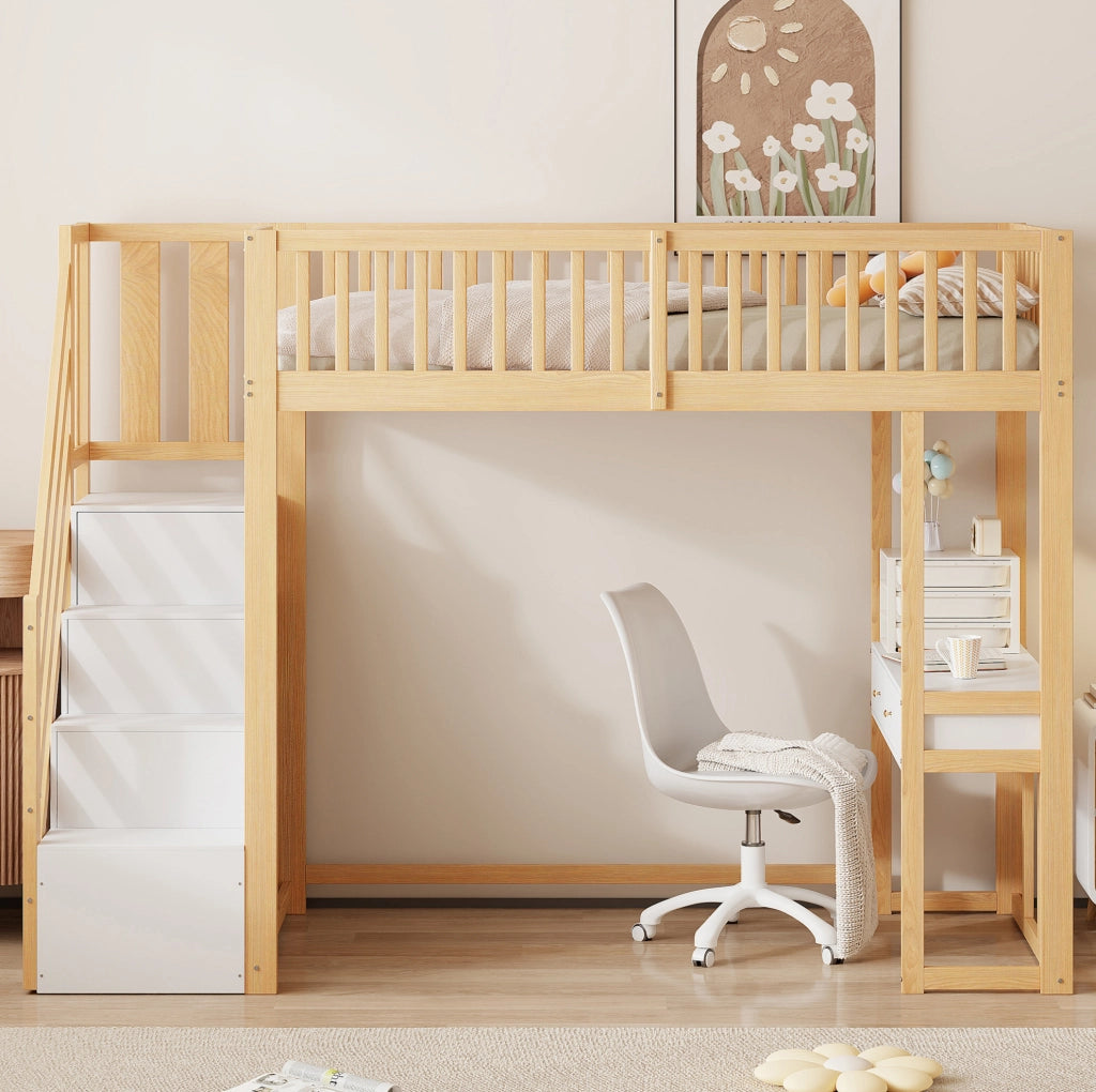 Letto a soppalco 90x200 cm con scrivania e scale contenitore