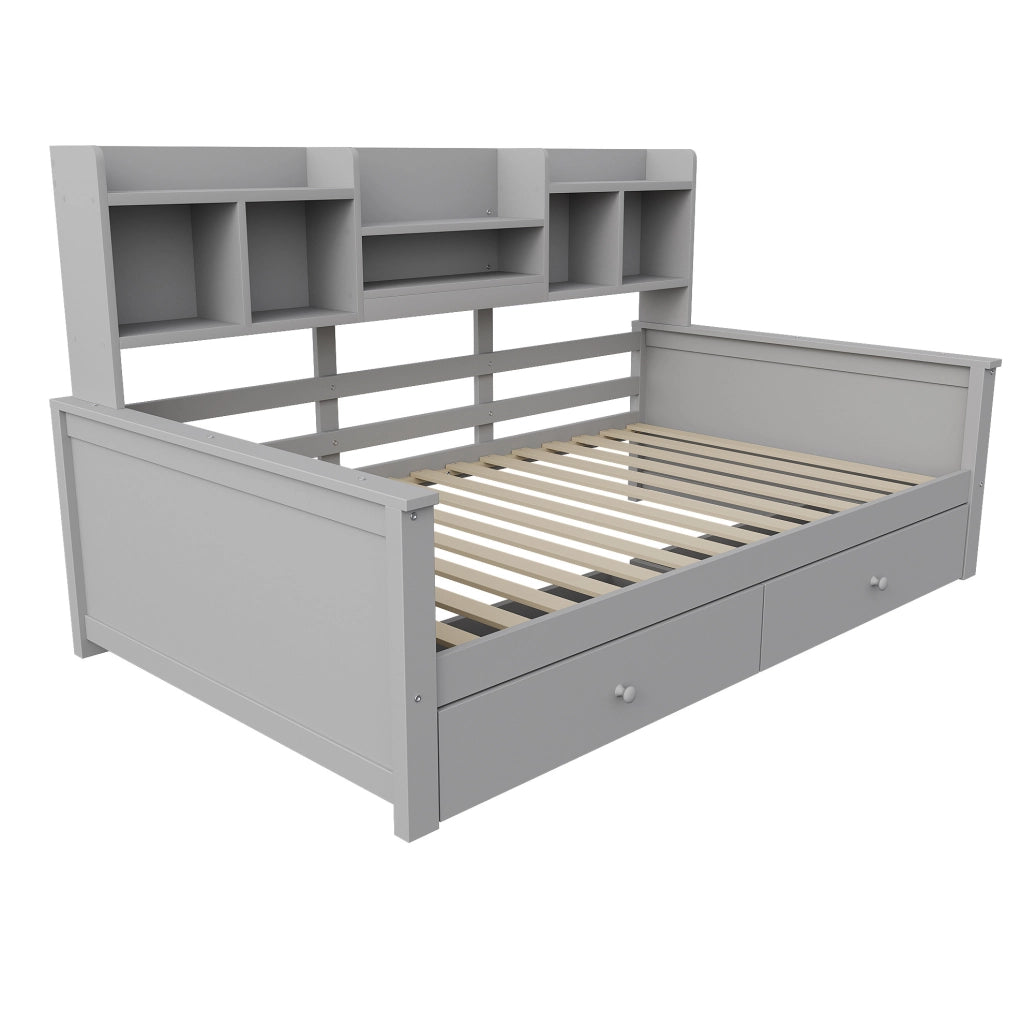 Divano letto singolo 90x200 cm in legno con 2 cassetti e vani laterali; grigio