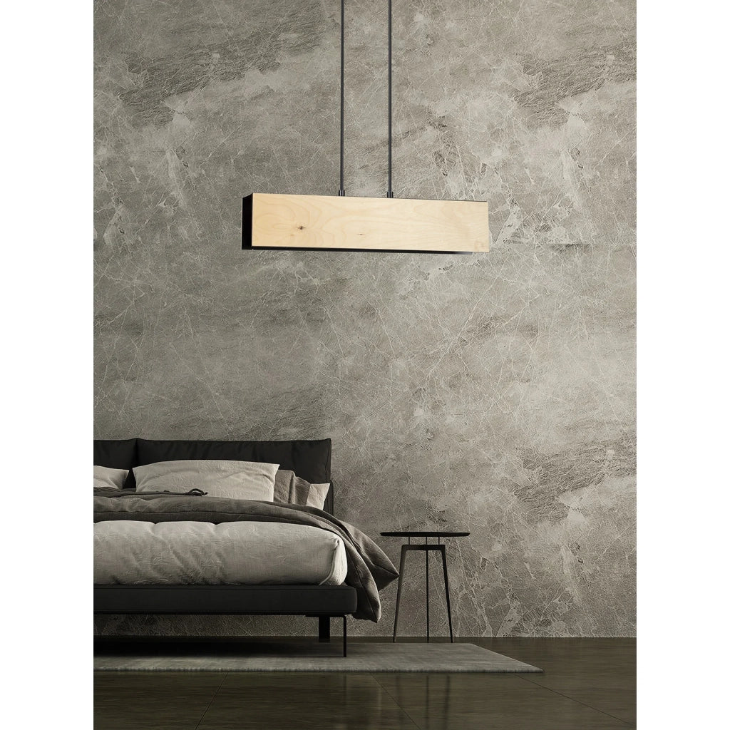 Lampadario 2 Luci Merlino In Acciaio Nero Corpo Rettangolare E Legno Naturale