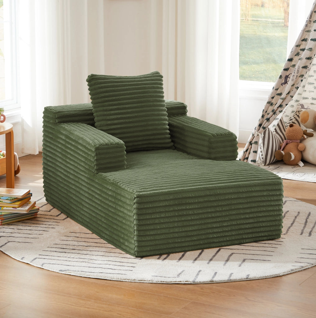 Divano chaise longue verde in velluto a coste, senza montaggio