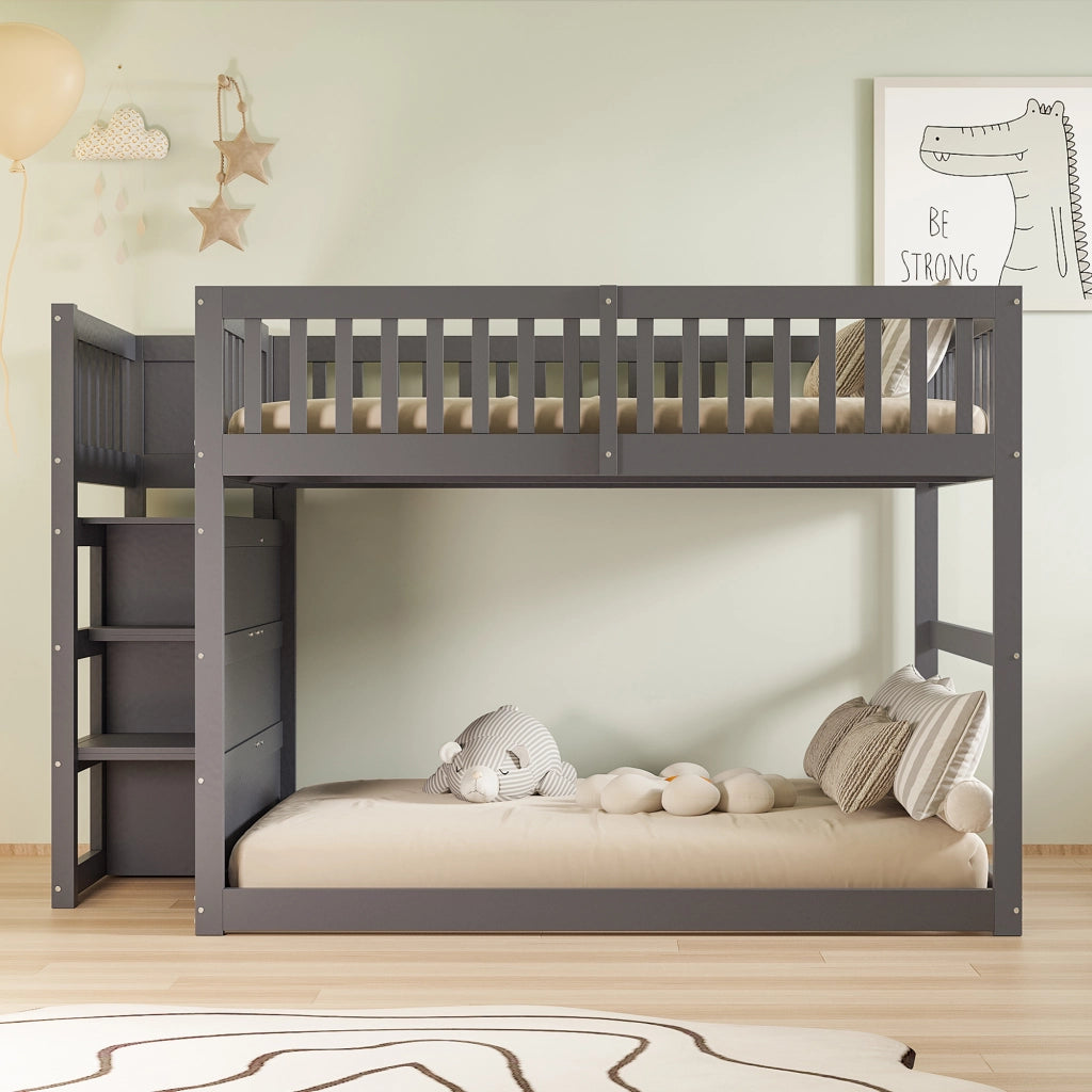OKWISH Letto a Castello Basso 140×200 cm, Letto Matrimoniale con 4 Cassetti, Scala e Sponda Alta, senza Materasso, in Legno, Grigio