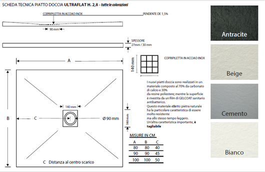 PIATTO DOCCIA ULTRAFLAT CEMENTO QUADRATO H. 2.8 90x90 - 1 pezzi - CARDINALE