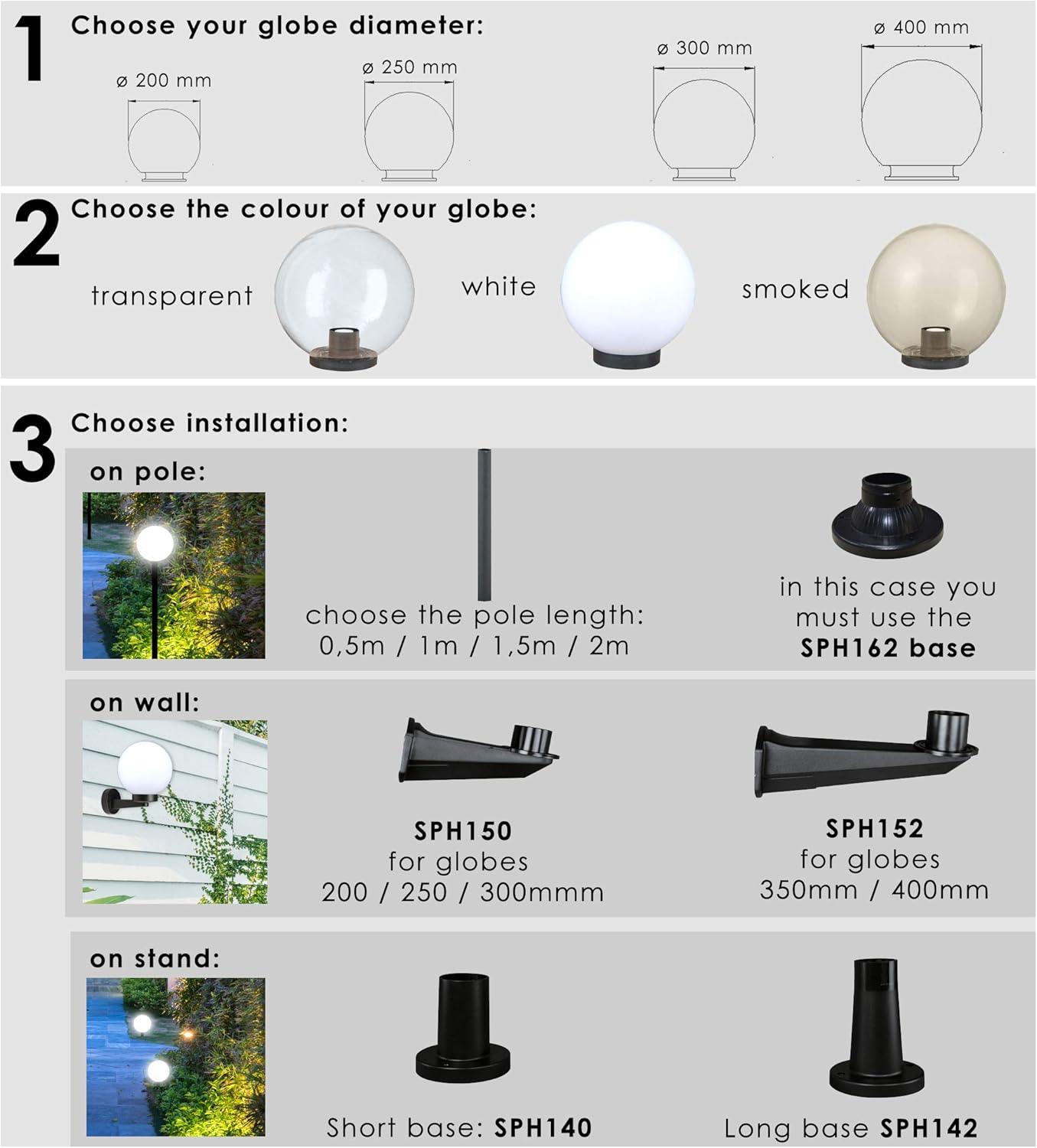 LANTERNA TESTA-PALO 'GLOBO' SFERA TRASPARENTE Ø cm.20 LAMPIONE PER ESTERNO IMPERMEABILE VELAMP