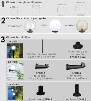 LANTERNA TESTA-PALO 'GLOBO' SFERA TRASPARENTE Ø cm.20 LAMPIONE PER ESTERNO IMPERMEABILE VELAMP