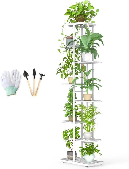Pianta da Giardino - Supporto per Piante - 8 Livelli - Stand per Fiori - Metallico - con Attrezzi da Giardino e Guanti - per Interno e Esterno - Piattaforma per Fiori Multipla - per Balcone - Giardino - Sala da Pranzo - Studio - 41x22x141cm - Bianco