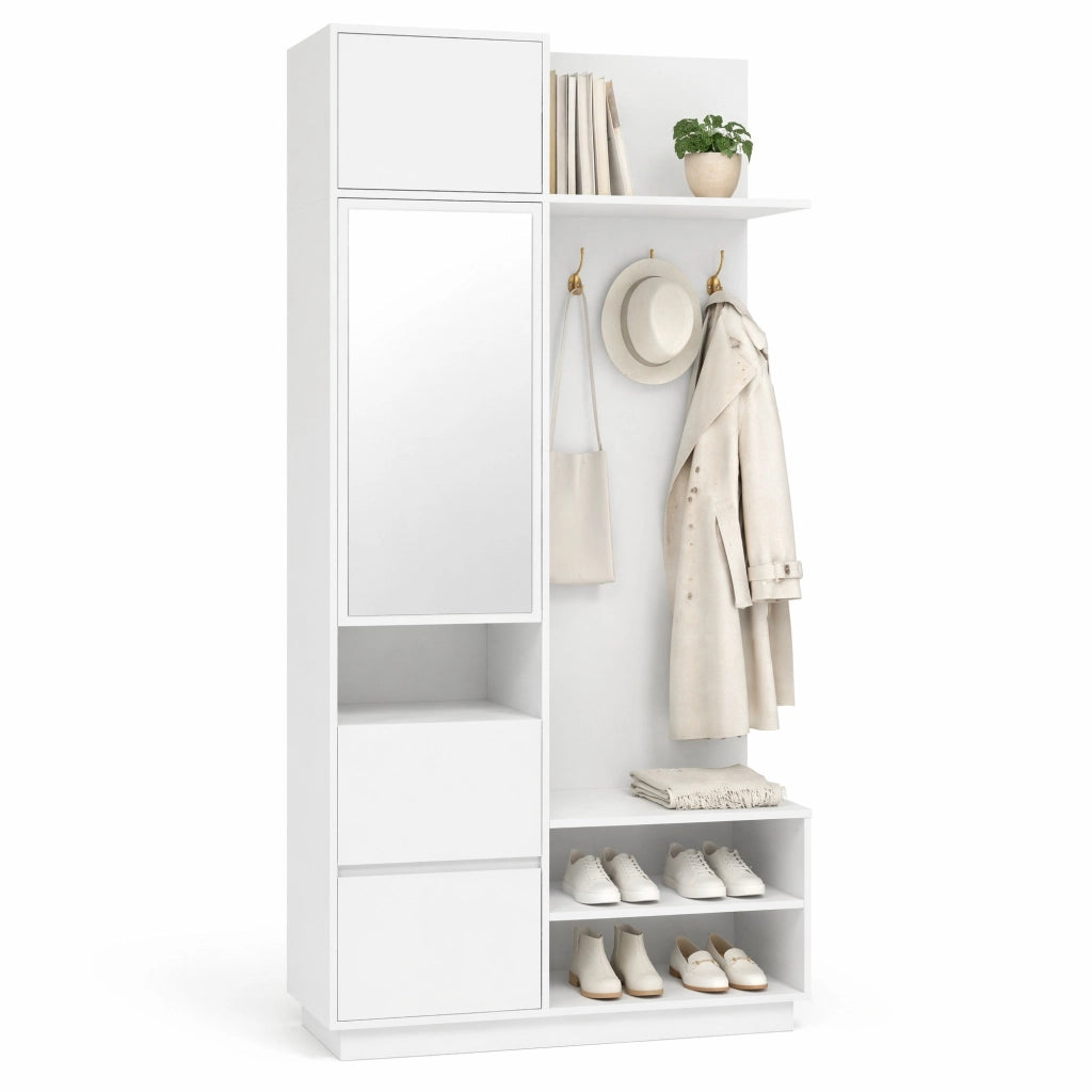 Guardaroba da ingresso 5 in 1 con specchio, seduta e scarpiere