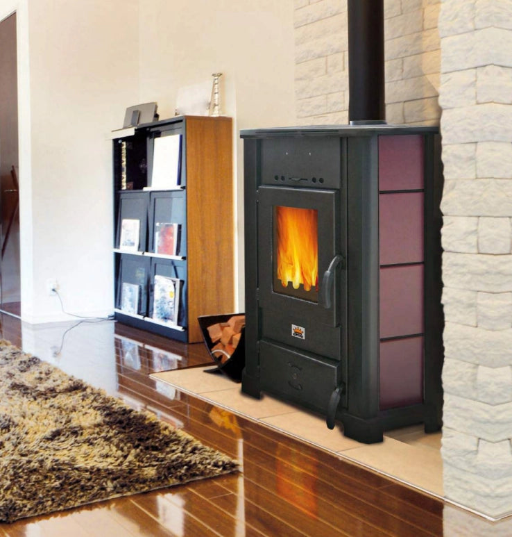 King stufa a legna isabel 13v, 10,3 kw-n, ventilata, rivestimento in acciaio, bordeaux