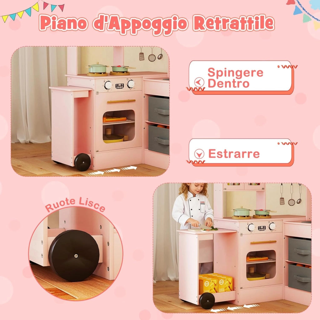 Cucina Giocattolo Angolare in Legno, Set di Cucina Giocattolo per Bambini con Lavabo, Fornelli, Forno, Frigorifero, Macchina del Ghiaccio e Accessori, per Bambini 3 Anni+ (Rosa)