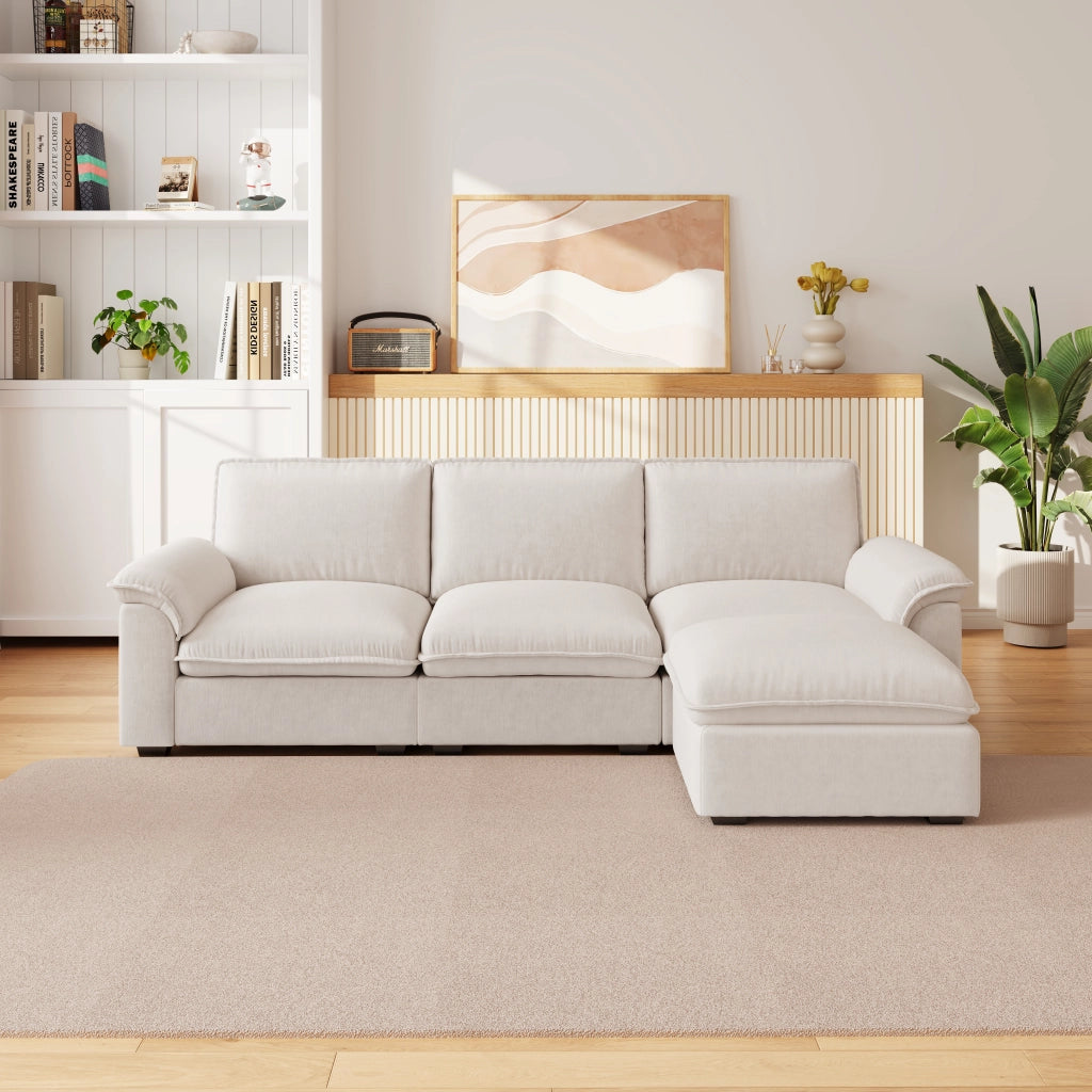 Divano angolare a 4 posti in chenille beige con ottomana spostabile e cuscini 260 × 154 × 86 cm