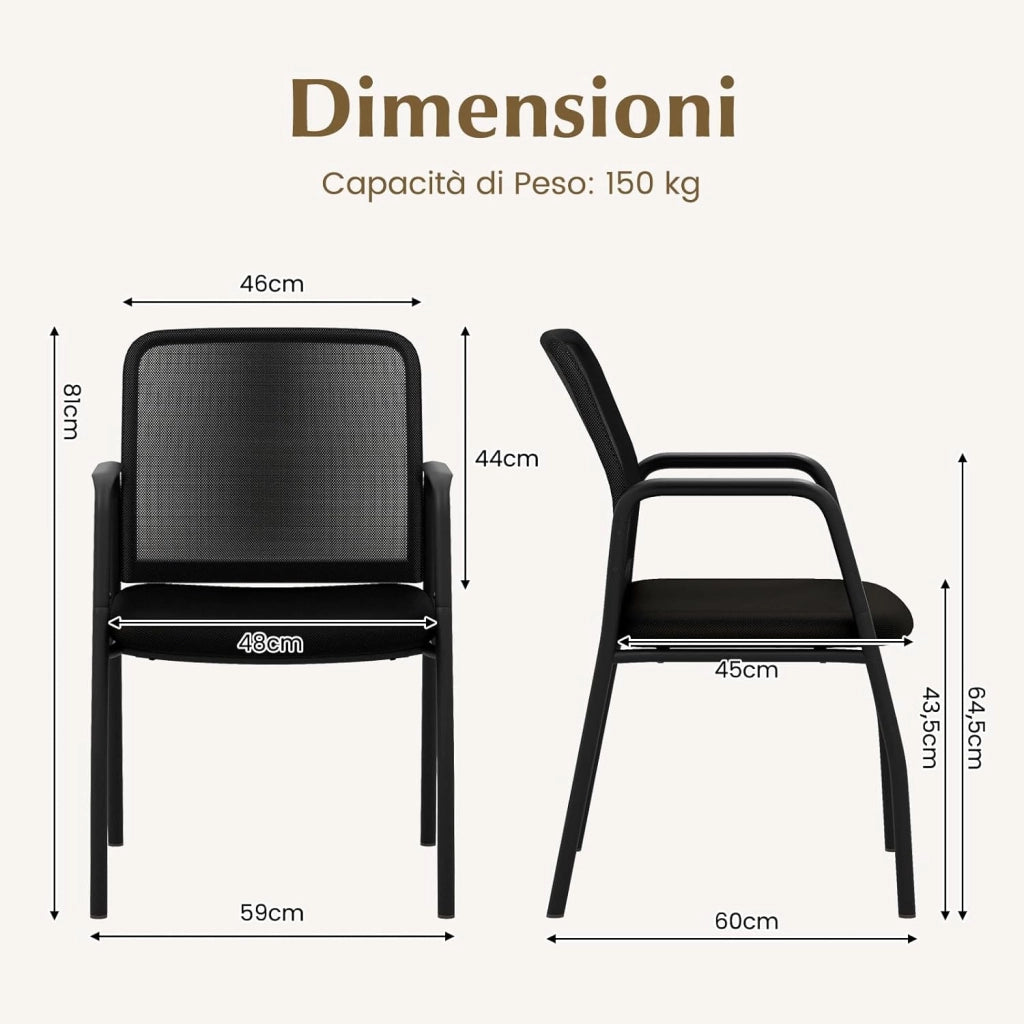 Set di 2 Sedie da Attesa, Sedia da Ufficio con con Schienale in Rete Ergonomico, Sedia da Conferenza con Braccioli e Sedile Imbottito, Portata 150 kg