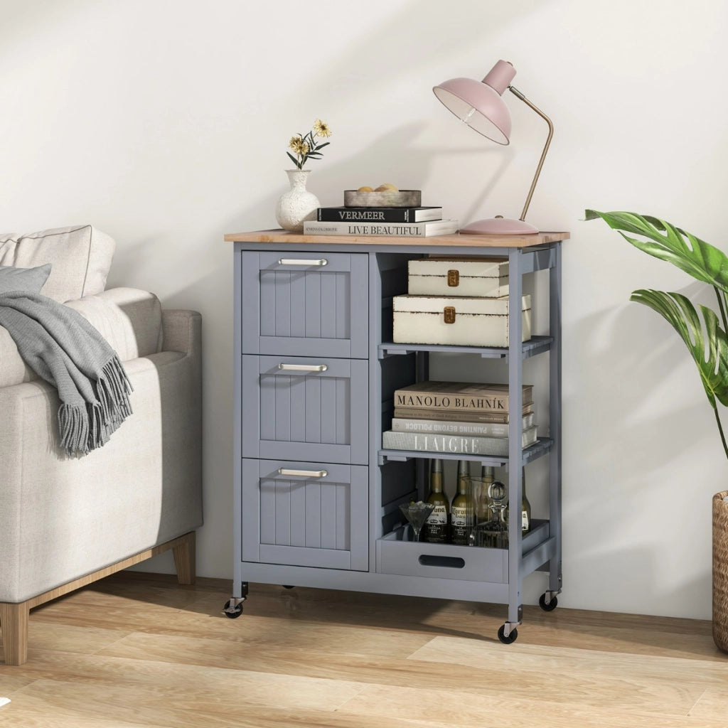 Isola cucina con ruote bloccabili piano in legno di gomma e 2 ripiani rimovibili-Carrello multiuso Grigio