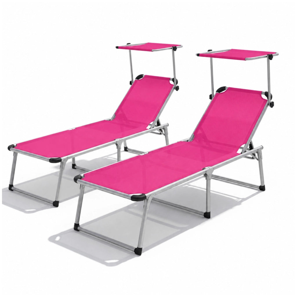 Prendisole Coppia Di Lettini Pieghevole Tettuccio Parasole Schienale Reclinabile Regolabile 6 Posizioni Struttura In Alluminio Sedia Sdraio Spiaggia Mare Giardino Piscina 187 x 59 x 29 Cm Rosa