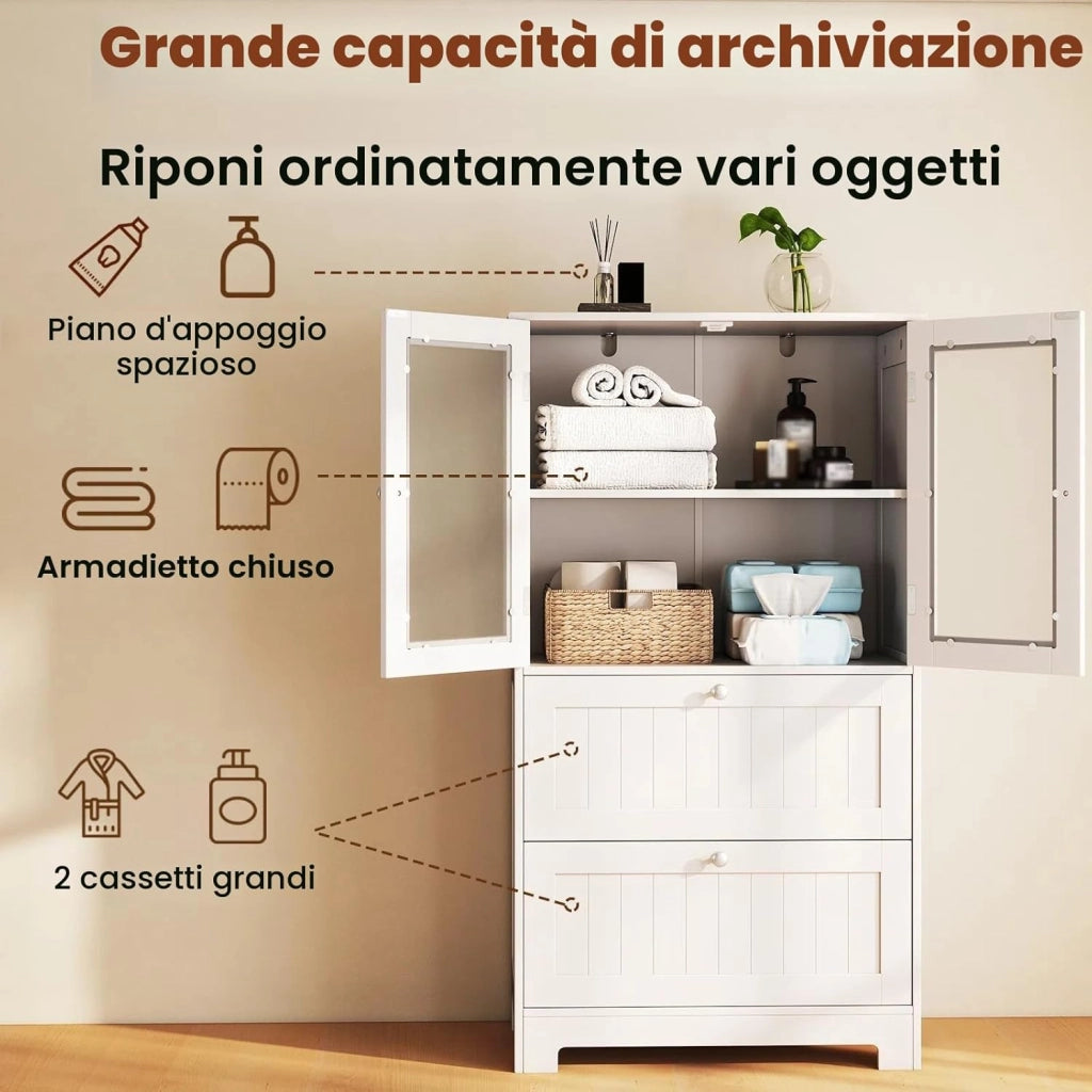 Mobile da Bagno con 2 Cassetti e Armadi a 2 Ante, Mobile Portaoggetti su Piedistallo Regolabile, Armadio Verticale con Dispositivo Antiribaltamento, 60 x 30 x 108 cm, Bianco