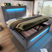 Letto Singolo Contenitore 90x200 ¨C MINIMAL ¨C Grigio Velluto, LED, USB, Testiera Curva, Idraulico