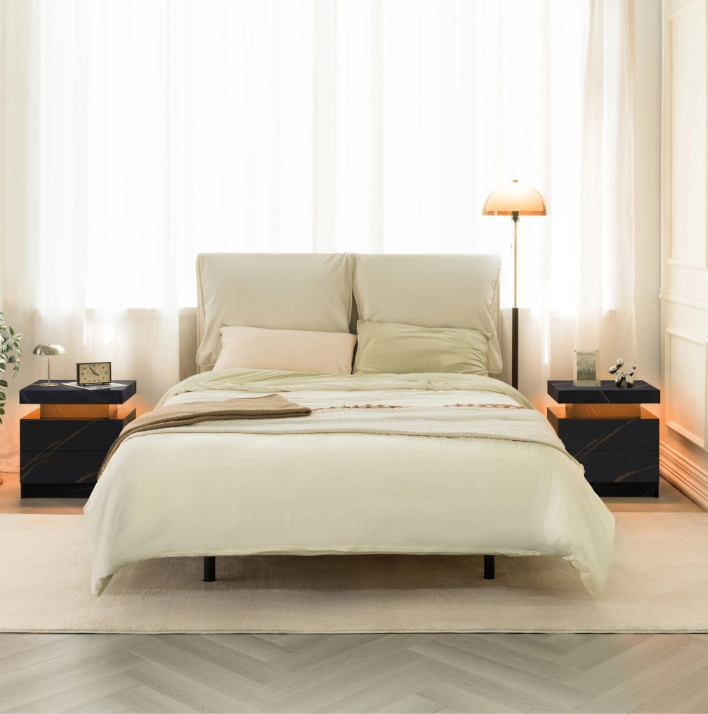 Comodino moderno con luci LED regolabili, 2 cassetti, nero e oro
