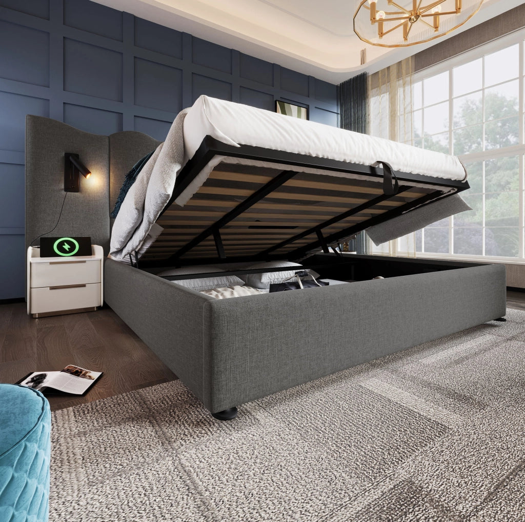 Letto contenitore matrimoniale 180x200 in lino grigio con luce lettura USB Type-C