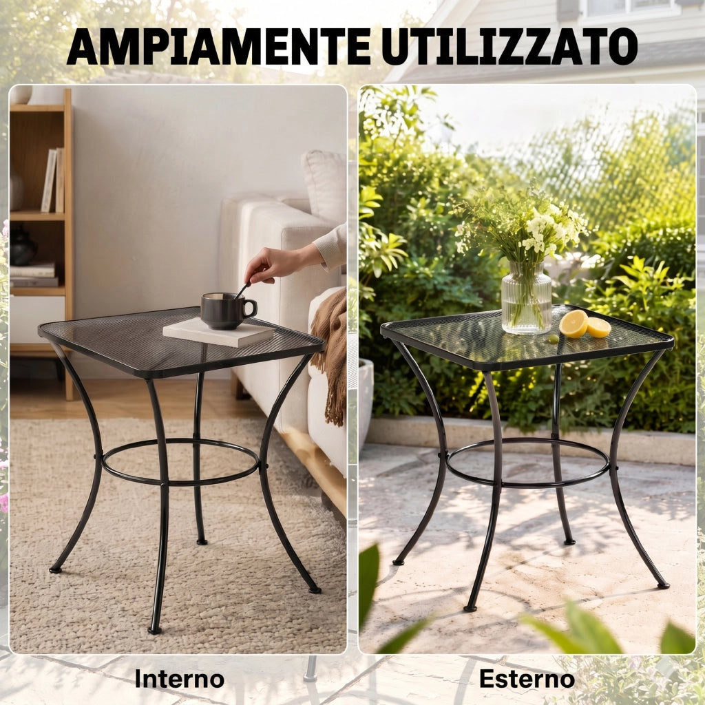 Tavolino da Giardino Quadrato in Acciaio con Piano Traforato, 45x45x50 cm, Nero