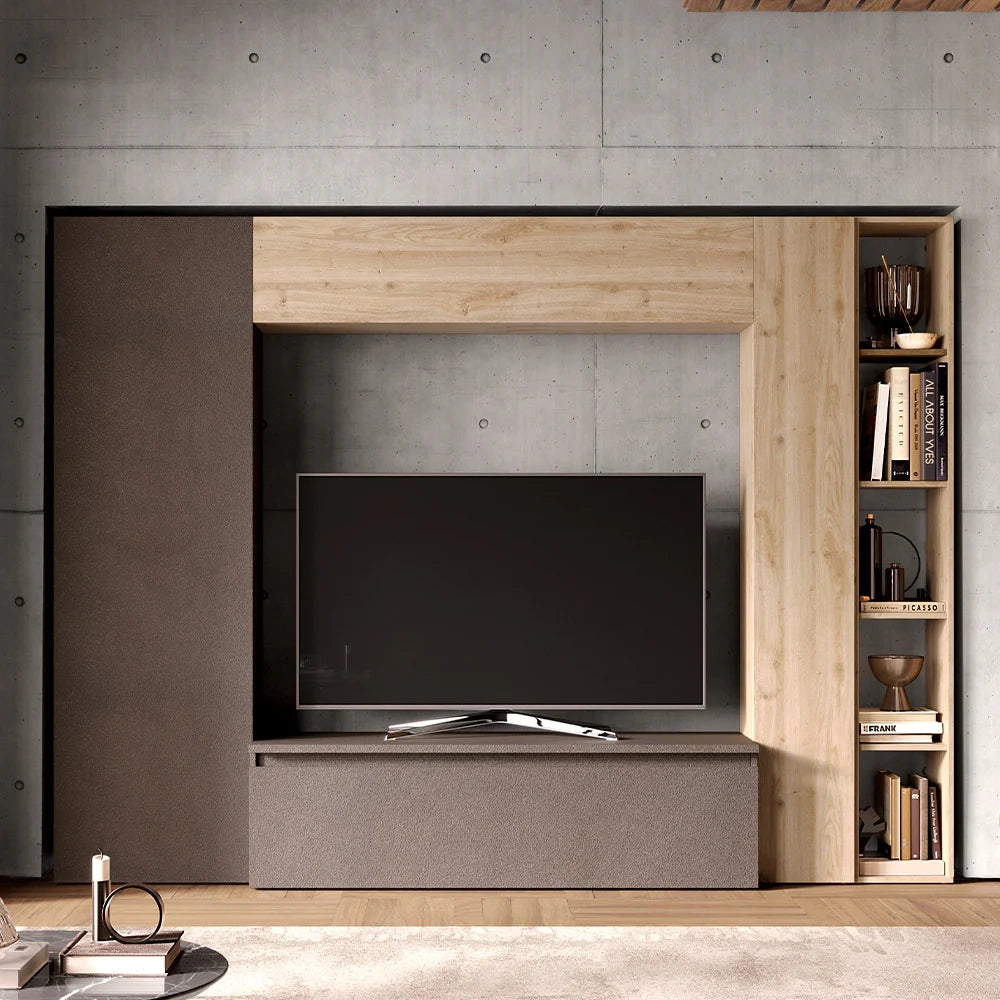Parete Attrezzata Made in Italy Infinity 9 con 2 colonne, base TV, elemento a ribalta e elemento con vani, design moderno ideale per soggiorno, sala da pranzo, cucina, colore Bronzo/Cadiz