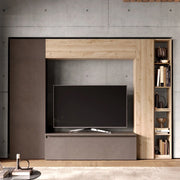 Parete Attrezzata Made in Italy Infinity 9 con 2 colonne, base TV, elemento a ribalta e elemento con vani, design moderno ideale per soggiorno, sala da pranzo, cucina, colore Bronzo/Cadiz