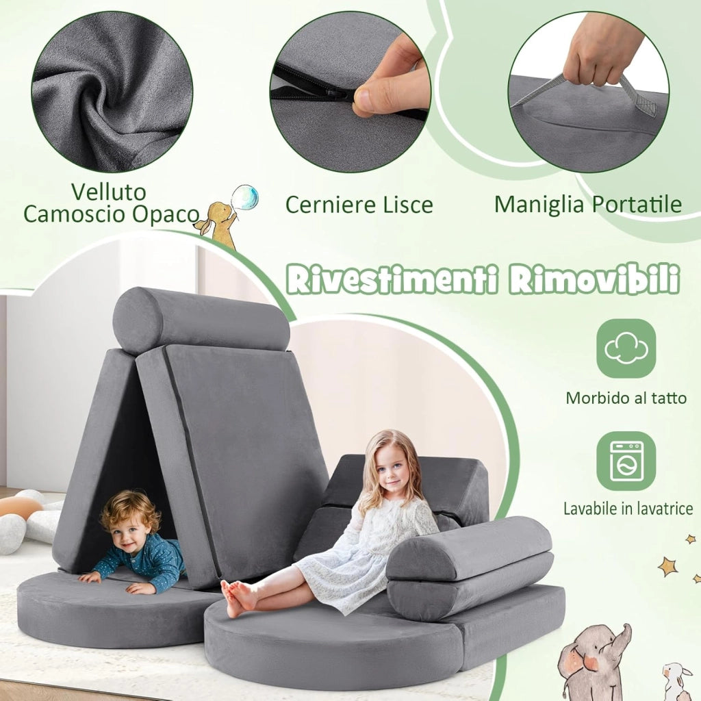 Divano in stile Block 13 Pezzi per Bambini, Divanetto Convertibile per Asilo, Cameretta e Soggiorno, Cuscini Bambini Gioco Blocchi (Grigio)