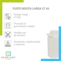 BIDONE FUSTO BOCCA LARGA Lt. 10 PLASTICA 6 pezzi ECOPLAST