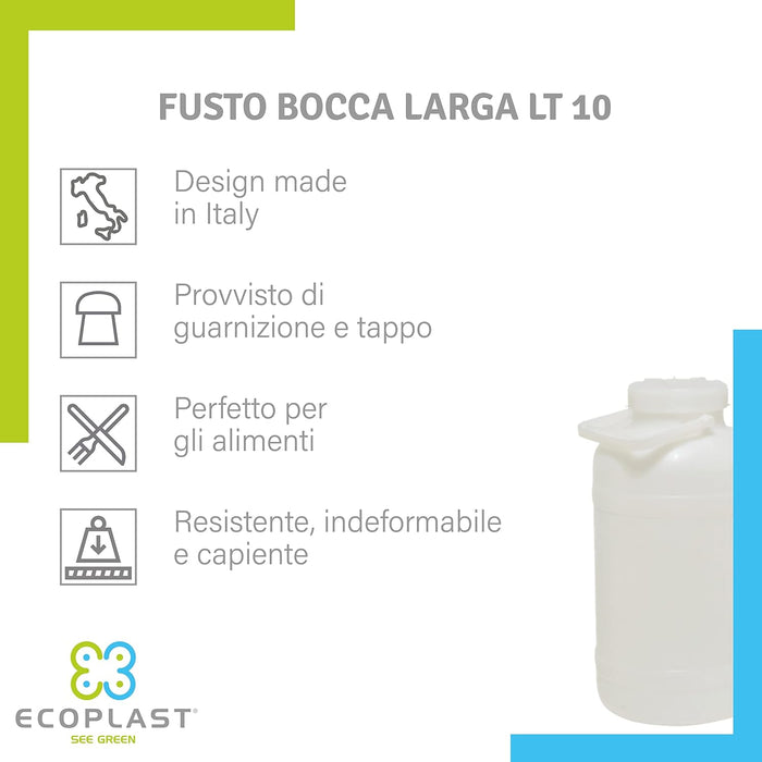 BIDONE FUSTO BOCCA LARGA Lt. 10 PLASTICA 6 pezzi ECOPLAST