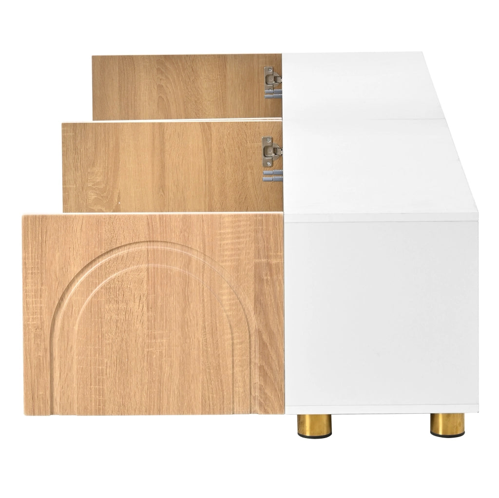 Mobile TV 180x35x40 cm con 4 ante e rilievo ad arco in MDF e pannello truciolare naturale e bianco