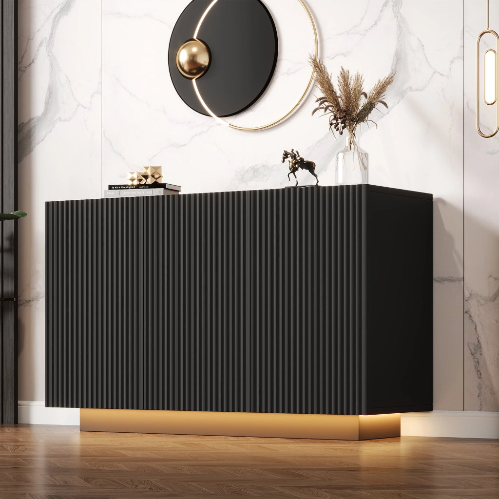Credenza moderna 120 cm con LED Bluetooth, finitura nera effetto marmo, 3 ante e 6 scomparti