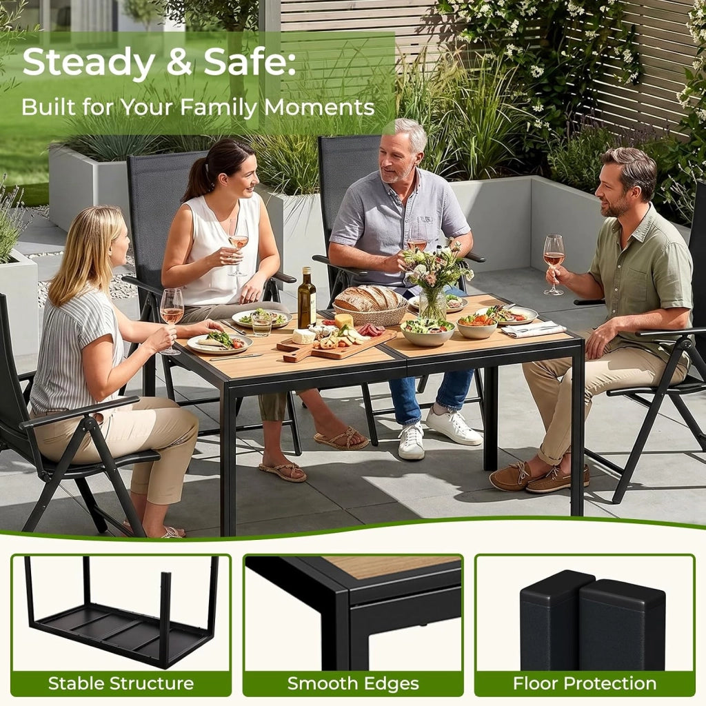 Tavolo da Giardino Grande 150×80×72cm DPC, Tavolo da Balcone Rettangolare, Tavolo da Pranzo per Esterno con Struttura in Metallo e Piedini Antiscivolo, per 4-6 Persone, Nero