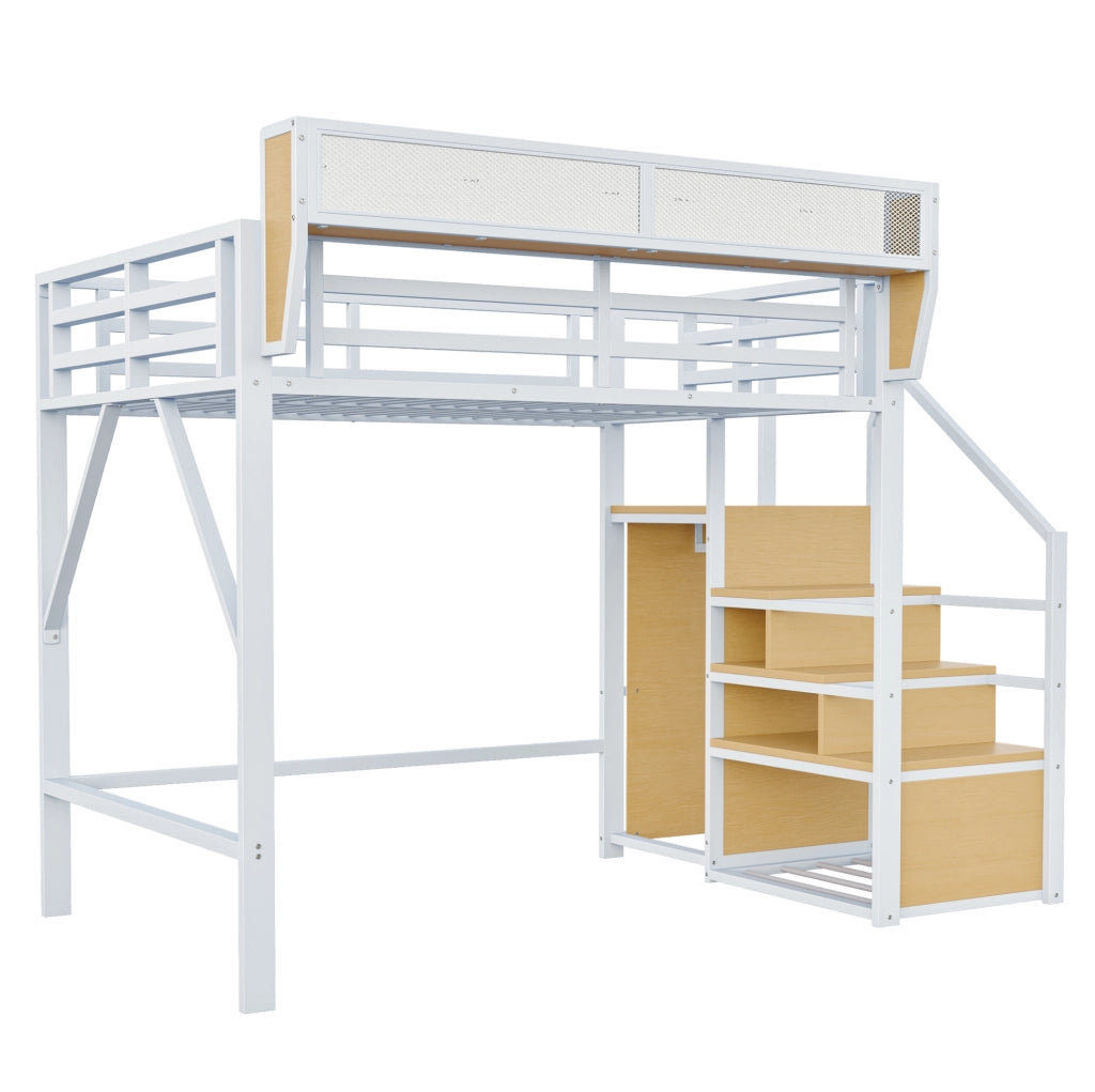 Letto a soppalco 140x200 cm in metallo con scala di sicurezza e ripiano flessibile; bianco