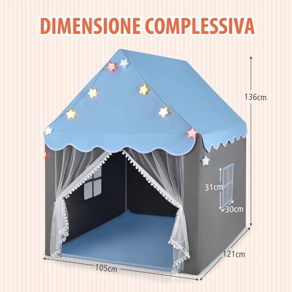 Tenda da Gioco per Bambini, Tenda Castello con Tappetino Lavabile, Luci a Forma di Stella, per Interno ed Esterno, 105 x 121 x 136 cm (Azzurro)