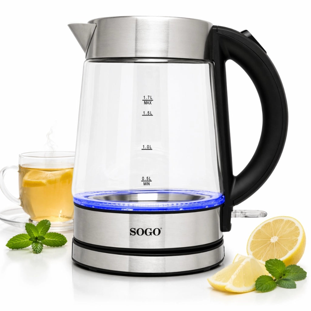 Bollitore elettrico vetro 1,7L senza fili, resistenza acciaio inox nascosta 2200W, spegnimento automatico - SOGO