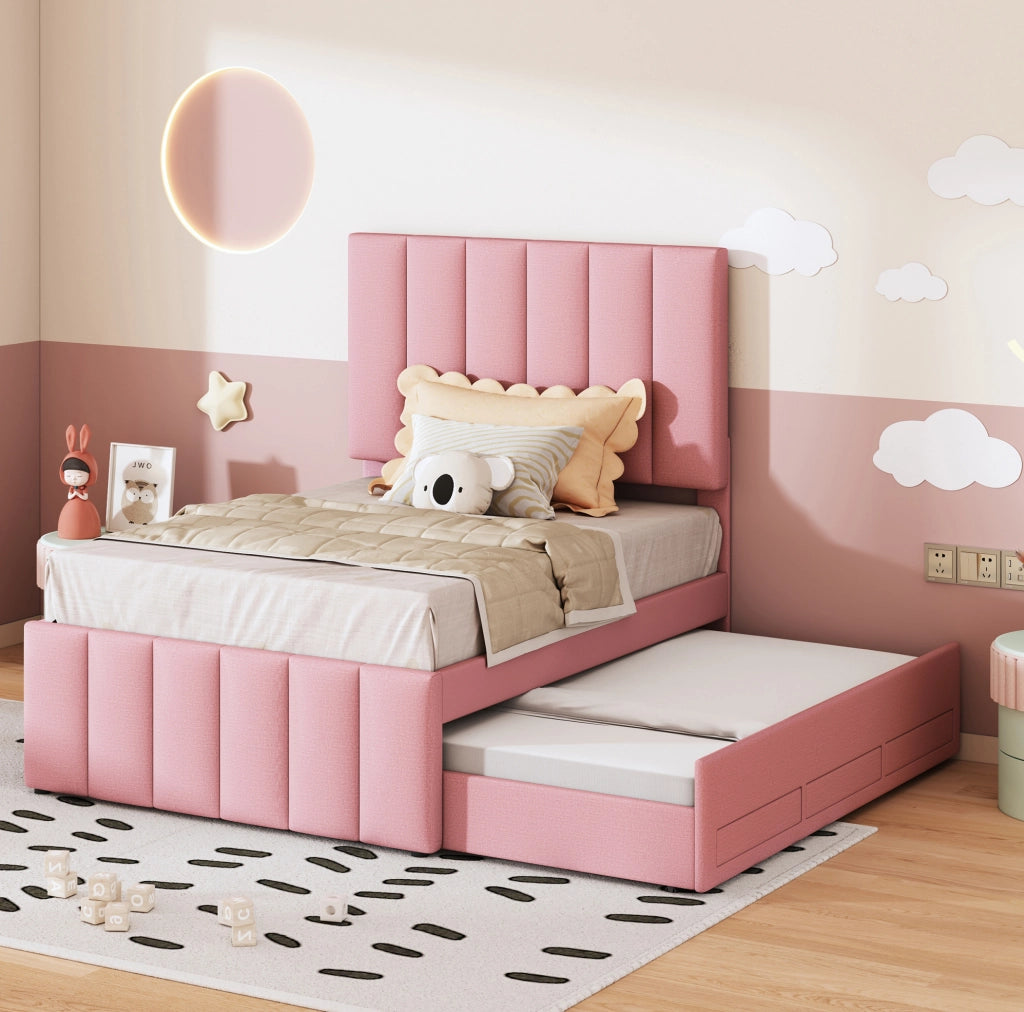 Letto imbottito rosa 90 x 200 cm con letto estraibile; 3 cassetti e testiera regolabile
