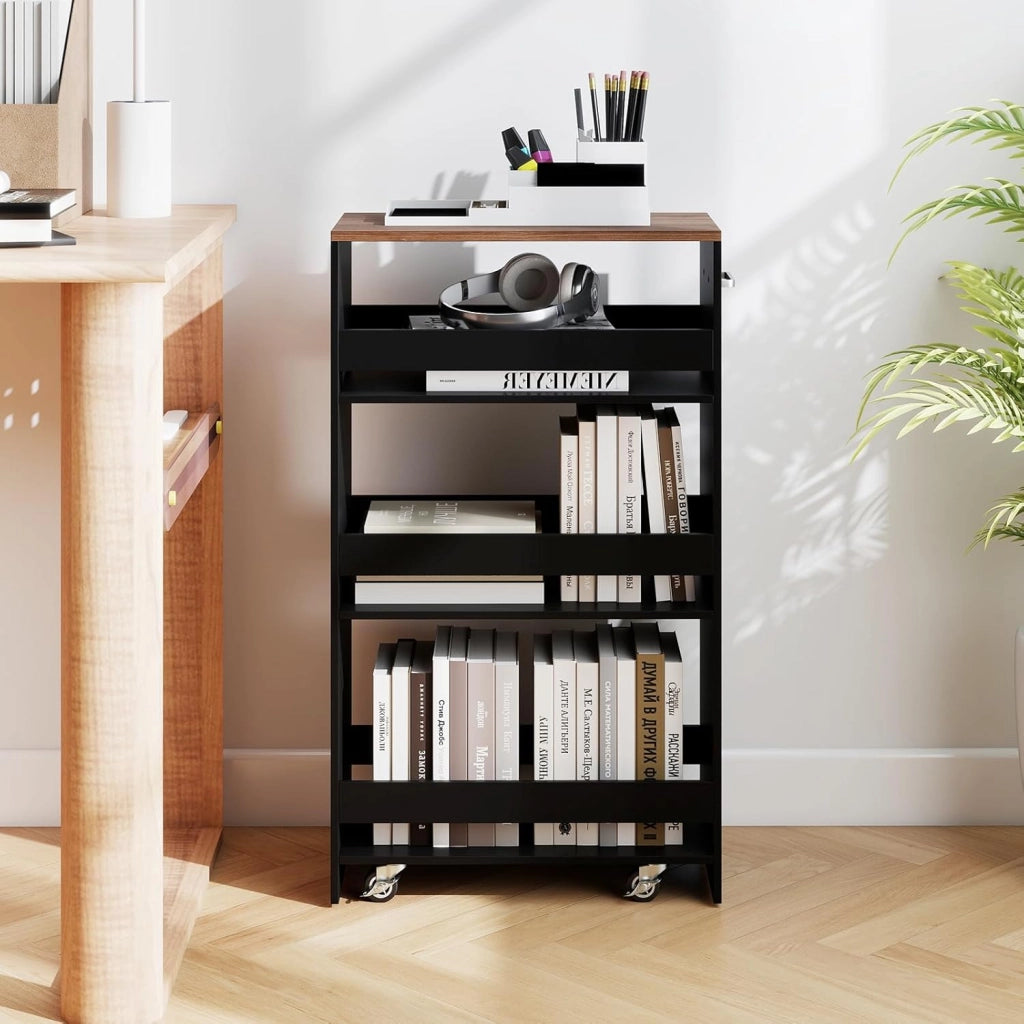 Carrello per Nicchia con Ruote, 4 Livelli，Carrello di Servizio Stretto Salvaspazio, da Bagno, Scaffale da Cucina Sottile 47,5 x 13 x 80,5 cm (Marrone+Nero, Largo 25cm)