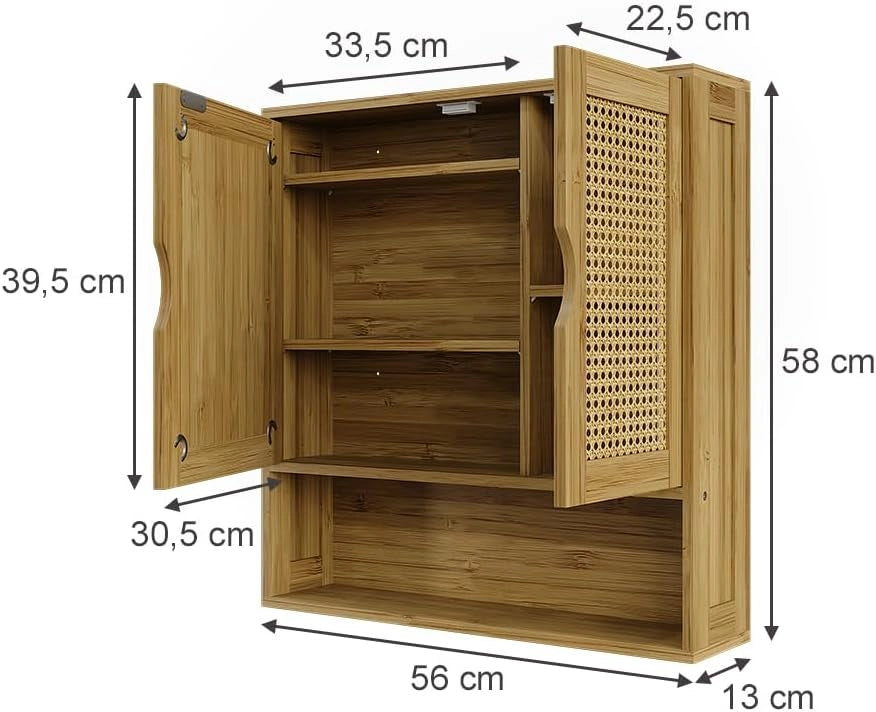 Mobile a specchio per il bagno Liora, Bambù, 56 x 58 cm con specchio, per la conservazione di articoli da bagno e asciugamani