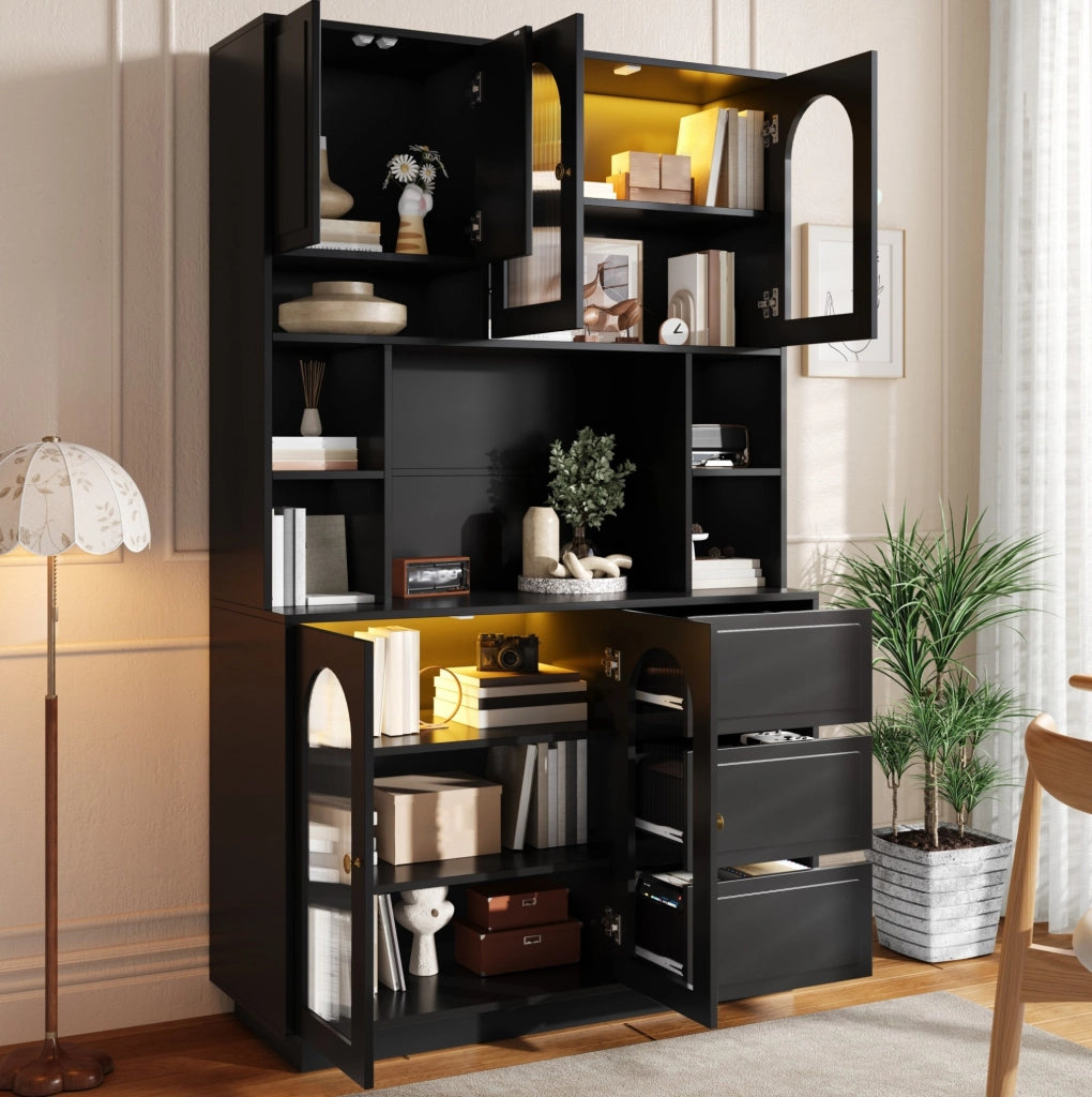Credenza alta 106x30x175 cm in MDF nero con ante in acrilico e LED controllabili tramite app