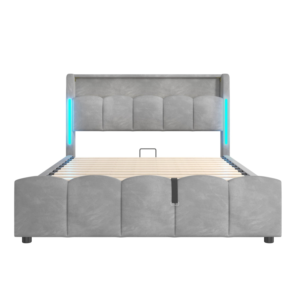 Letto matrimoniale imbottito 140x200 cm in velluto grigio con LED; contenitore e porte USB