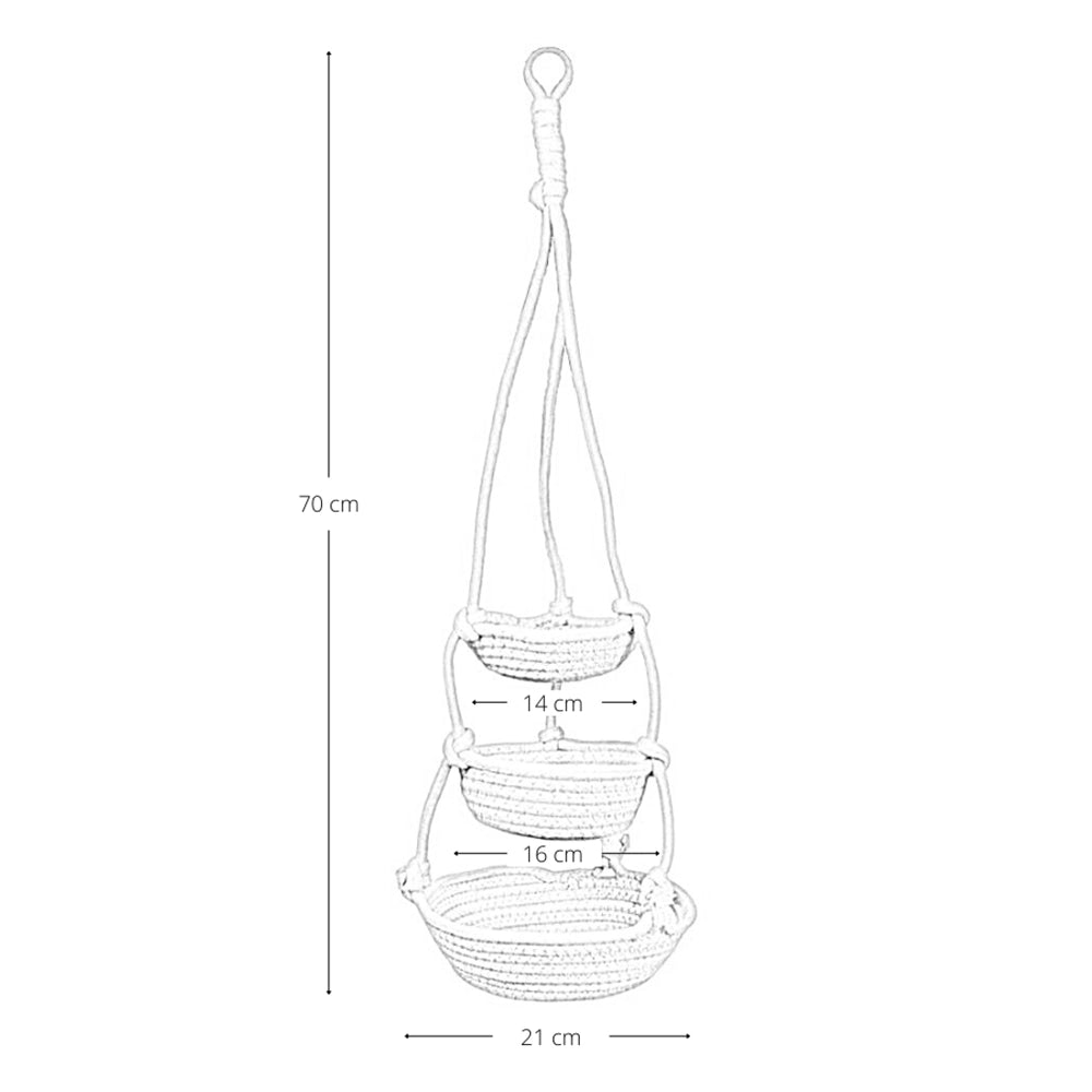Vaso Pensile Triplo in Corda Beige Porta Piante Sospeso h70 cm