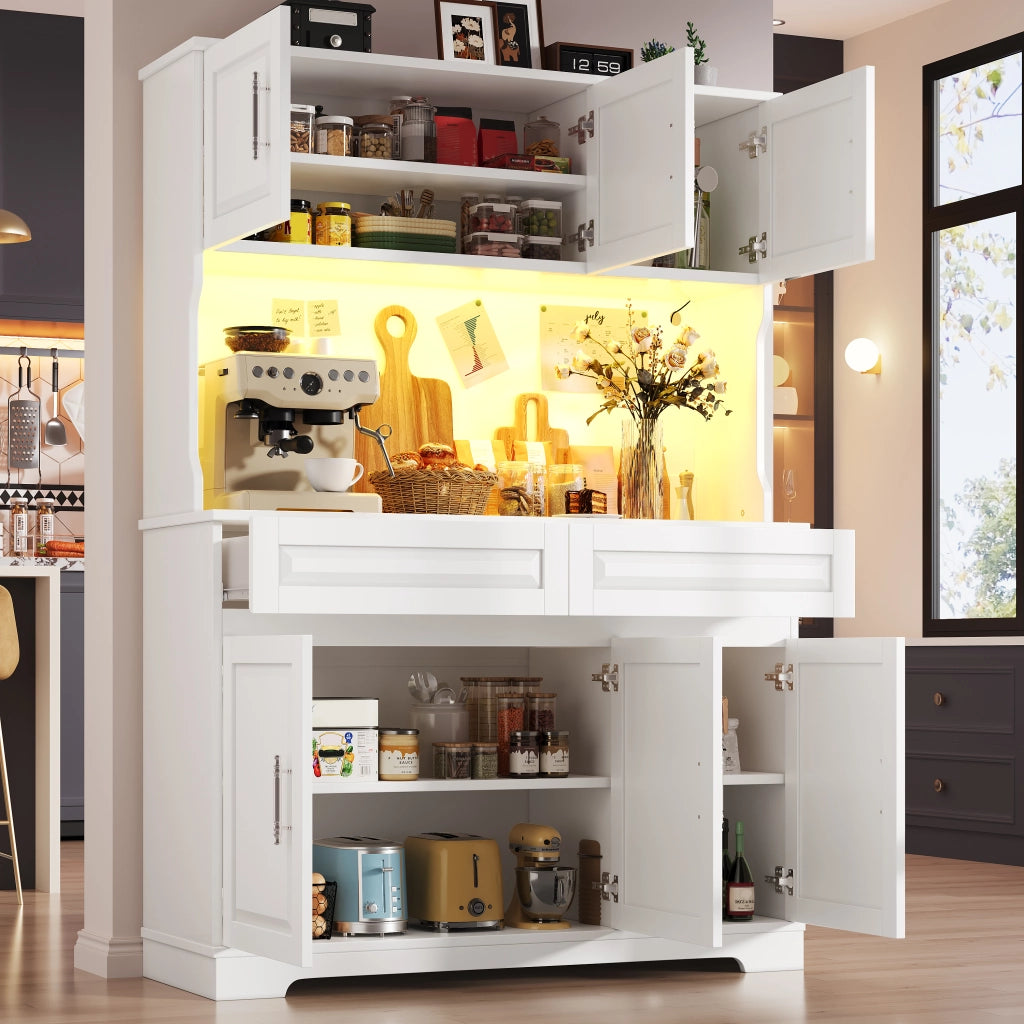 Credenza alta con LED e ripiani regolabili, piano di lavoro, per cucina e sala da pranzo, bianco, 108 × 40 × 180 cm
