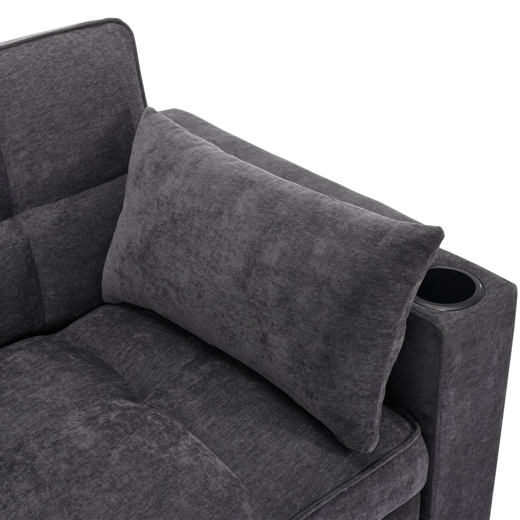 Divano letto 3 in 1 con schienale regolabile, porte USB e tipo C, portabicchieri e tavolino nascosto in tessuto grigio
