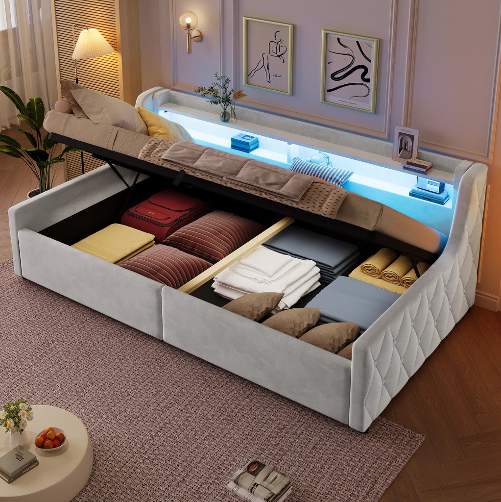 Letto imbottito 90x200 cm con contenitore idraulico e LED in flanella bianco sporco