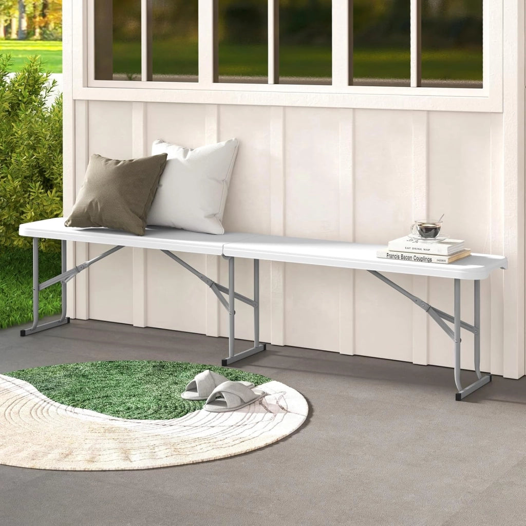Panca da Giardino Pieghevole in Plastica, Panchina da Esterno Portatile con Maniglia di Trasporto, Panca da Campeggio con Telaio in Metallo, per Patio, Picnic, Portata 300 kg (Bianco II)