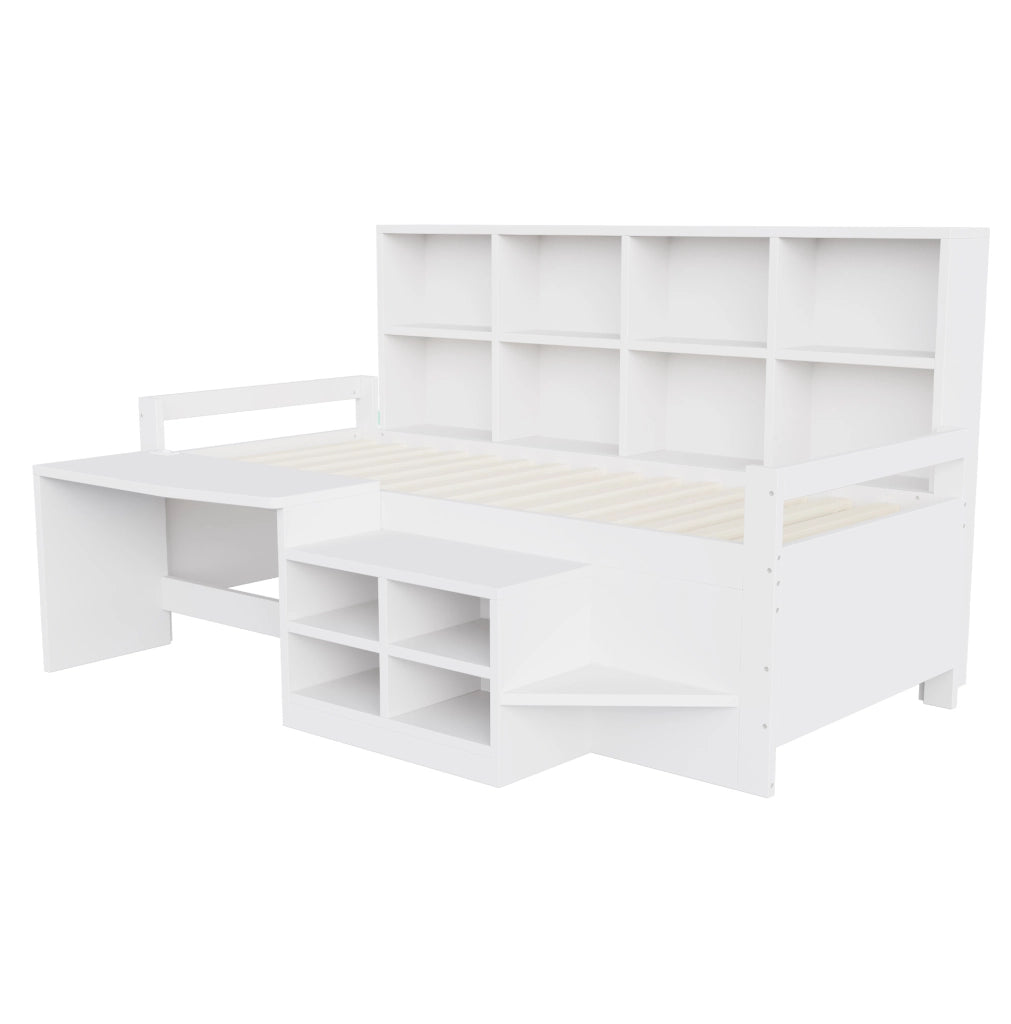 Letto singolo multifunzione 90x200 cm con scrivania; LED e vani contenitore; bianco