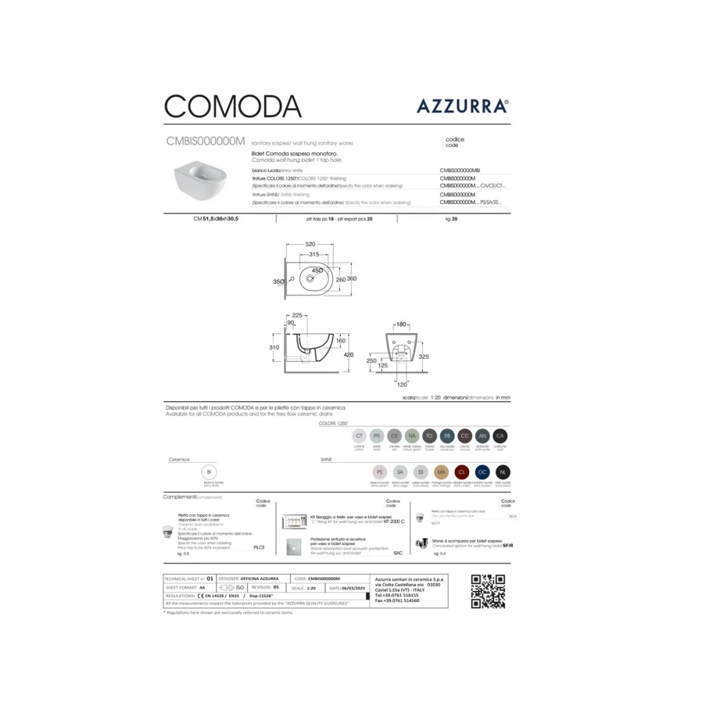 Bidet Sospeso Azzurra Ceramica "Comoda" Bianco Lucido
