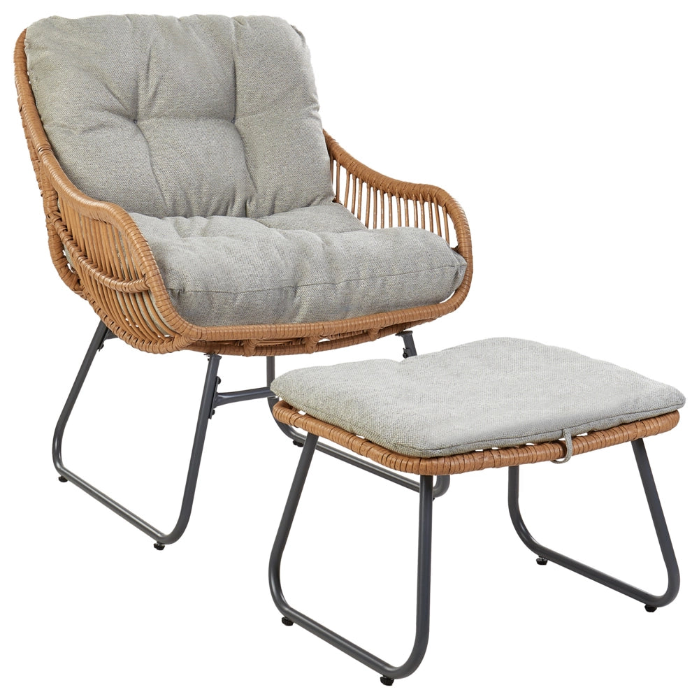 Sedia da giardino con poggiapiedi in rattan PE naturale Gambe in acciaio Cuscini grigi Mobili da giardino